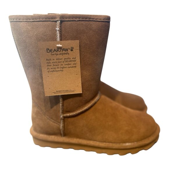 BEARPAW Elle Short Suede Sheepskin Boot Sze 8 NeverWet Hickory II Sheepskin Wool - Picture 1 of 9